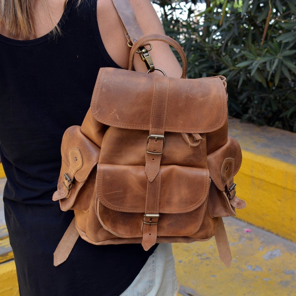 Distressed Waxed Brown Leather Backpack